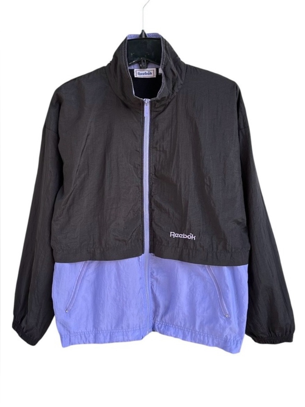 Vintage Reebok Windbreaker Jacket Mens Medium Black Purple Colorblock Full Zip